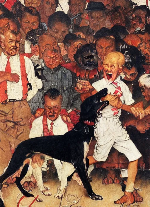 Image similar to a norman rockwell painting of an exploding dog