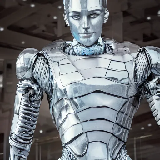 Image similar to made of ice, a realistic detailed photo of a guy who is an attractive humanoid who is half robot and half humanoid, who is a male android, on display, blank stare, showing off his muscles, shiny skin, posing like a statue, by the pool, frozen ice statue, twitch streamer / gamer ludwig, humanoid robot