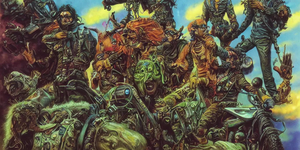 Prompt: members of a psychedelic post apocalyptic orcish biker gang, sharp focus, psychedelic colors, boris vallejo, michael whelan, 8 k, epic scifi fantasy art
