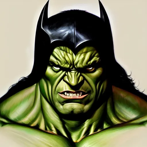 Image similar to portrait of the hulk as batman, intricate elegant, highly detailed, digital painting, artstation, concept art, smooth, sharp focus, illustration, art by ( artgerm ) and greg rutkowski! and ( alphonse mucha ), heavily influenced by frank frazetta and boris vallejo, sword and sorcery