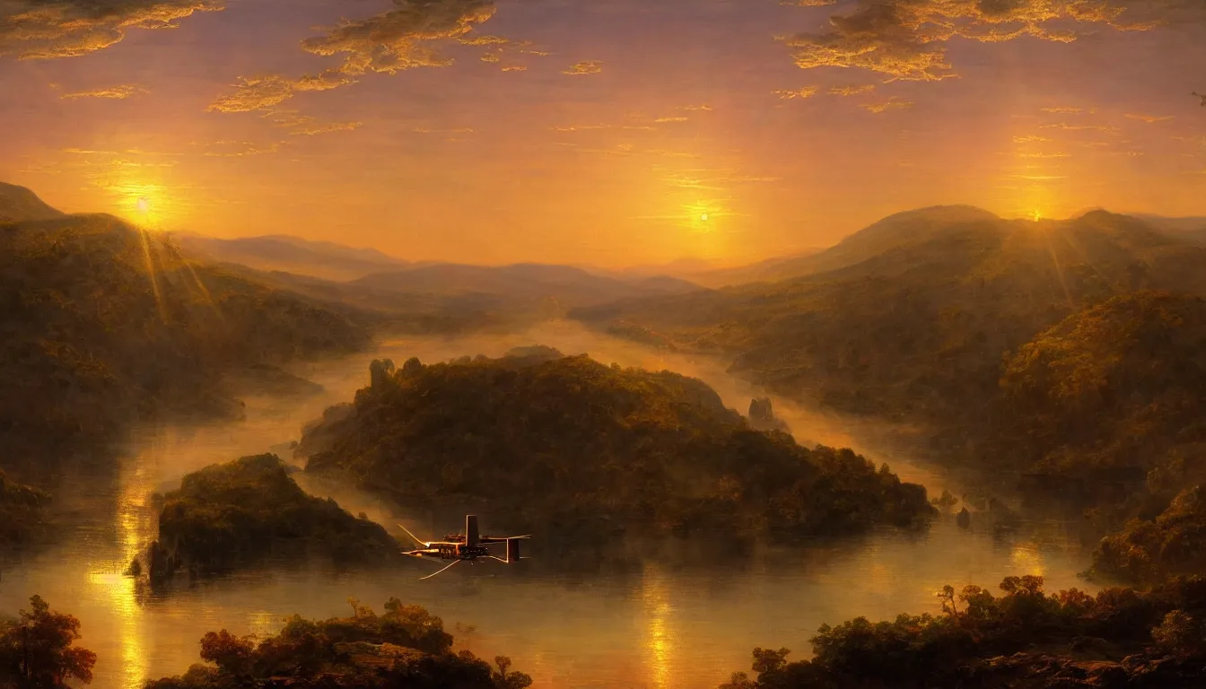 Prompt: a steam powered flying boat flies above a river valley at sunset, matte painting by frederic edwin church, golden hour, nature, fantasy art, trending on artstation, deviantart, behance, highly detailed, rule of thirds, crepuscular rays, steampunk