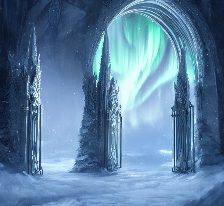 Image similar to a very detailed concept art of intricate and elven white gates to aurora borealis infused with magic, dynamic lighting trending on artstation, symmetry, digital art, 4 k, hyper realistic, octane render, sharp focus