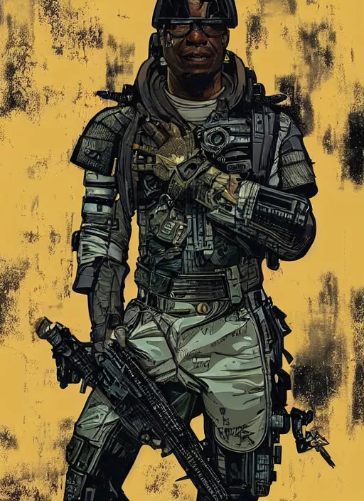 Image similar to chidi igwe. cyberpunk mercenary in military stealth suit. portrait illustration, pop art, splash painting, art by geof darrow, ashley wood, alphonse mucha, makoto shinkai