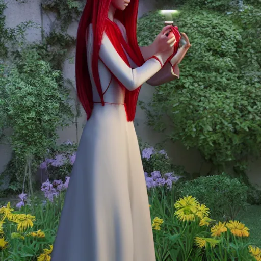 Image similar to young nun with light red long hair standing in a garden, 4k, detailed face, detailed body, detailed clothes, high details, 2d, art