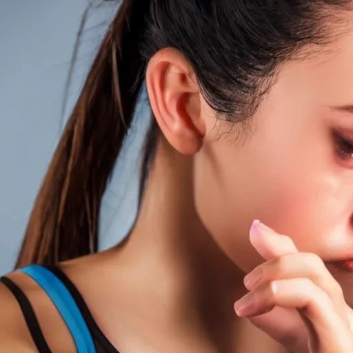 Prompt: an extreme close-up of the face of a young woman exercising, award winning photo, very detailed, 8k cinematic, beautiful lighting effects