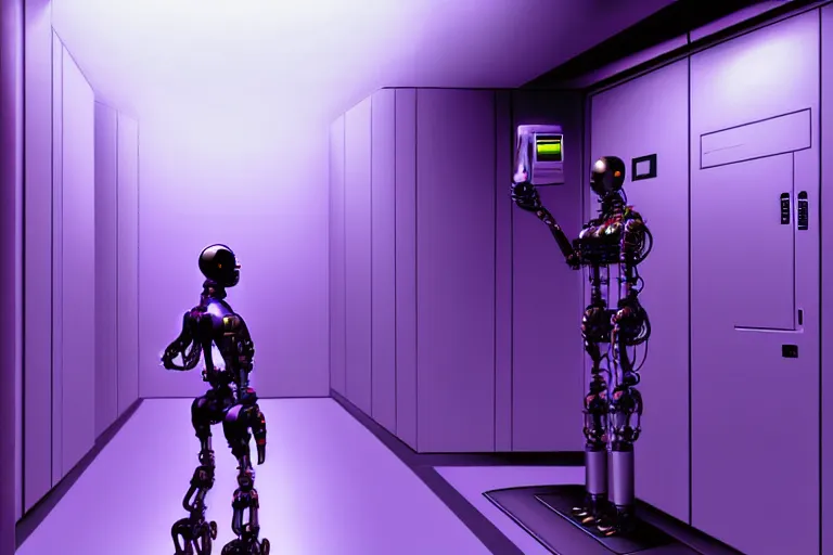 Image similar to hyperrealistic medium shot robot cyborg in data center server by stanley kubrick highly detailed concept art eric zener william gibson cinematic hard purple lighting high angle hd 8 k sharp shallow depth of field