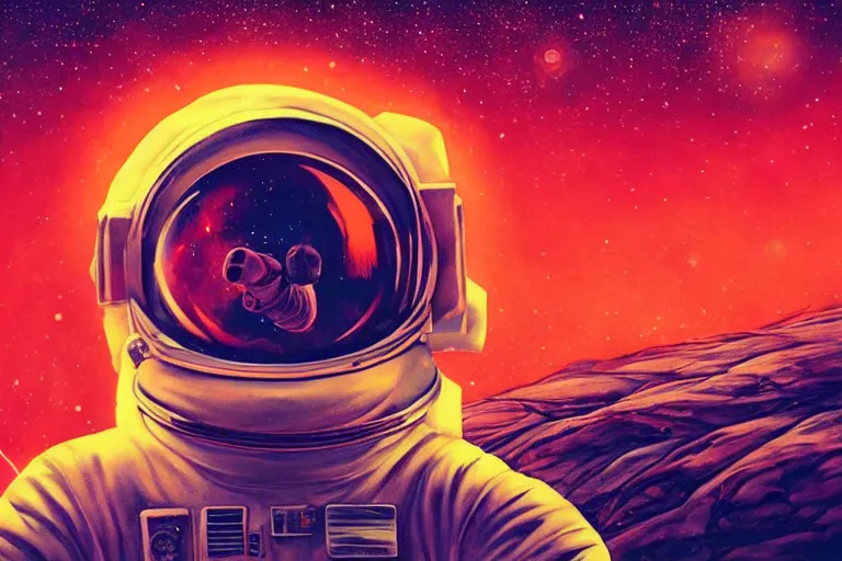 Image similar to an astronaut laying on mars in the style of flooko, acrylic art, detailed, moonlight, red lighting, bokeh, synthwave, psychedelic, glitch, neon,