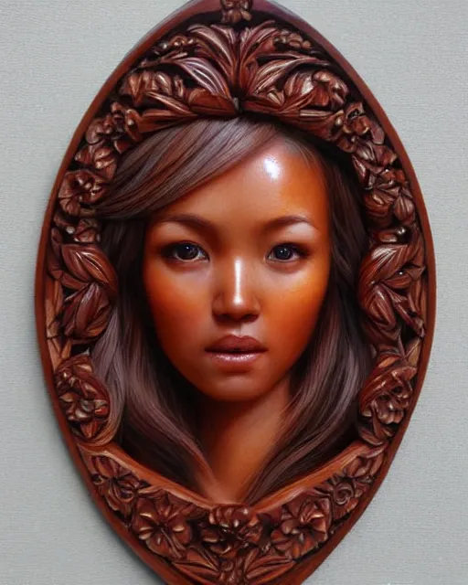 Prompt: Carved mahogany wooden portrait, beautiful woman carved wood by artgerm and WLOP, floral overgrowth, deviantart