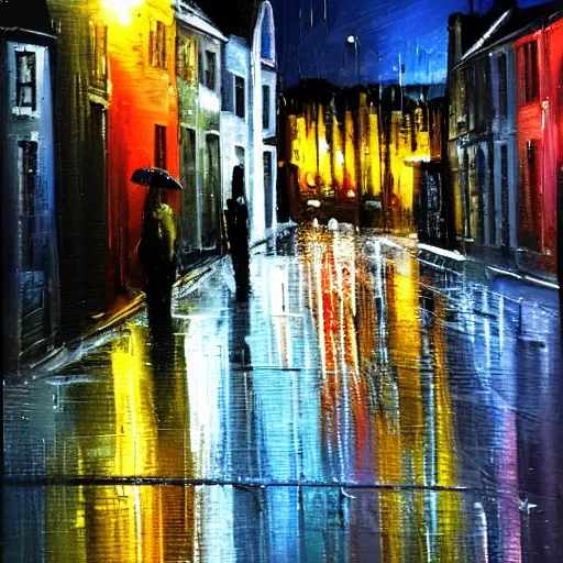 Prompt: dark Saturday, West Street Brighton Sussex at night in the rain, lots of reflections of lights, painted with a palette knife