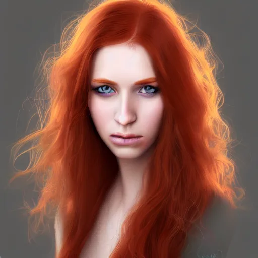 Image similar to woman with long ginger hair and purple eyes in semi realism style, trending on artstation