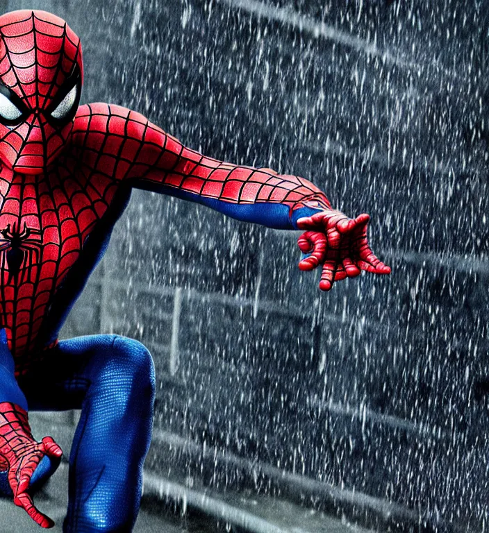 Prompt: cinematic of tobey maguire as spiderman, dramatic rain, 8 k