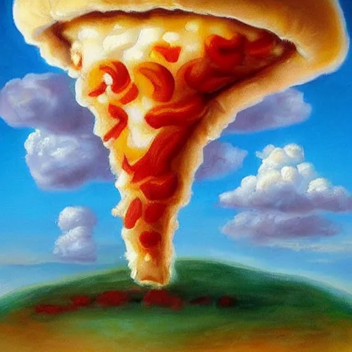 Image similar to mushroom cloud made of pizza. 4 k highly detailed oil painting.