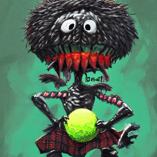 Image similar to a tennis ball monster wearing a scottish kilt, big mustache, scotland, digital art, fantasy, magic, chalk, trending on artstation, ultra detailed, professional illustration by basil gogos