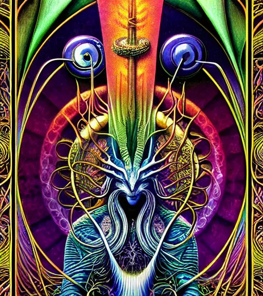 Image similar to tarot style logo of a mythical beast with headphones nodding to some dank techno smiling contentedly with closed eyes. by roger dean and andrew ferez, art forms of nature by ernst haeckel, divine chaos engine, symbolist, visionary, art nouveau, botanical fractal structures, organic, detailed, realistic, surrealism
