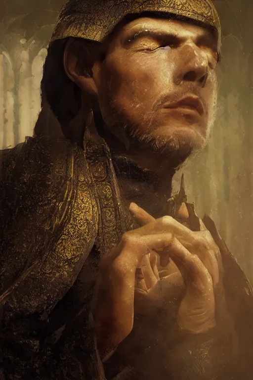 Image similar to medieval priest, close-up portrait, devoted, intricate, elegant, volumetric lighting, scenery, digital painting, highly detailed, artstation, sharp focus, illustration, concept art,ruan jia, steve mccurry