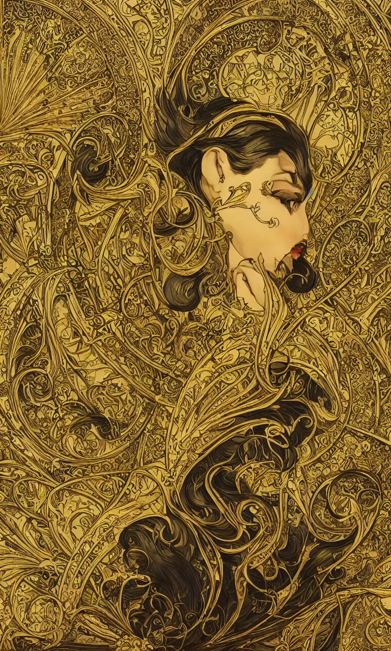 Image similar to an intricate art nouveau canvas frame, with golden entertwined edges and empty black center, highly detailed, artstation, concept art, matte, sharp focus,