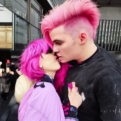 Image similar to feminist woman with pink hair kiss giga chad