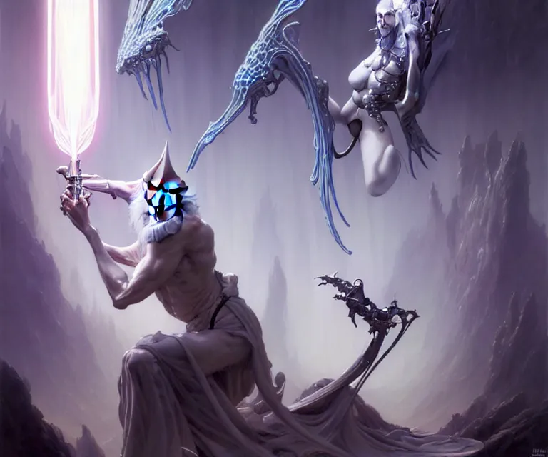 Image similar to beautiful fantasy character portrait, gandalf the grey, seductive reclining pose, futuristic chrome drones, ultra realistic, dramatic lighting, robots, the fifth element artifacts, highly detailed by peter mohrbacher, hajime sorayama, wayne barlowe, boris vallejo, aaron horkey, gaston bussiere, craig mullins