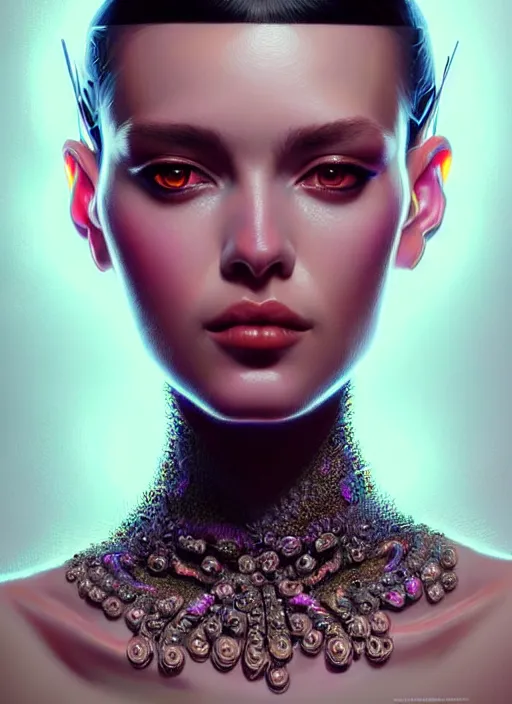 Image similar to photorealistic portrait of female humanoid, highly intricate, haute couture fashion, elegant, highly detailed, crispy quality, cyber neon lighting, trending on artstation, trending on pinterest, glamor pose, no signature, no watermark, art by artgerm and greg rutkowski