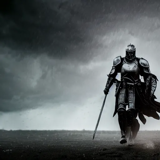 Image similar to dark armor knight in a thunderstorm, epic scene, cinematic, ultra photorealistic, 8k,