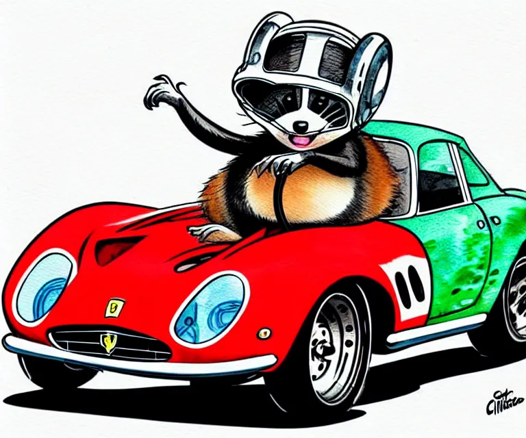 Prompt: cute and funny, racoon wearing a helmet riding in a tiny 1 9 6 2 ferrari 2 5 0 gto, ratfink style by ed roth, centered award winning watercolor pen illustration, isometric illustration by chihiro iwasaki, edited by range murata