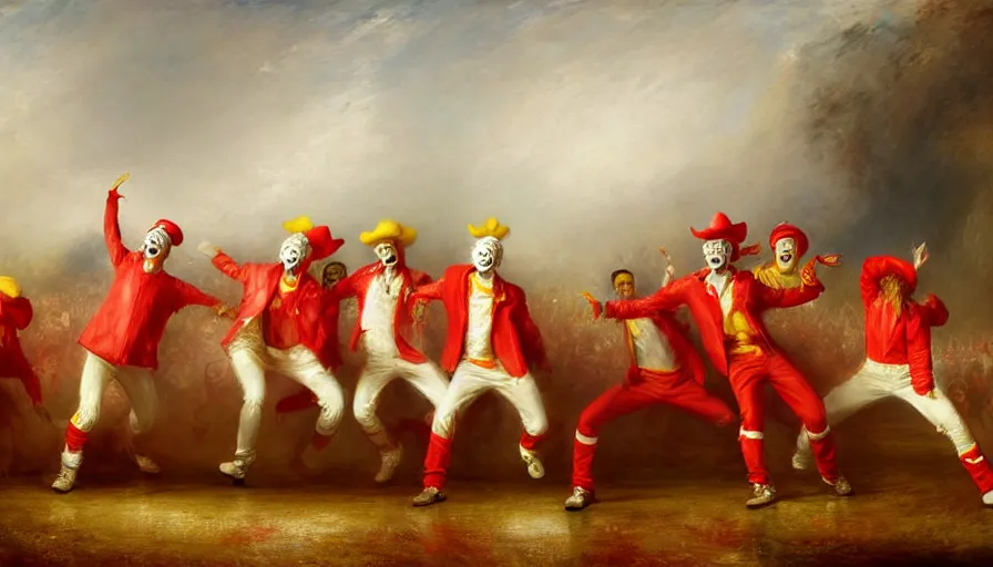 Image similar to highly detailed painting of a group of ronald mcdonalds with red afros, white facepaint, red noses and yellow tracksuits line dancing at a hoedown by william turner, by greg rutkowski, by william constable, thick brush strokes and visible paint layers, 4 k resolution