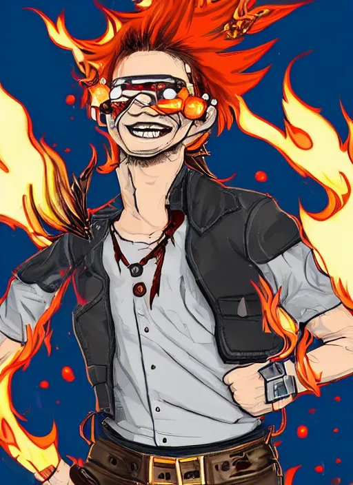 Prompt: An Artstation drawing style of young man with red spiked long hair, using an orange lens steampunk googles. Wearing white shirt, a black waistcoat, brown pants and black boots. He is throwing a wild fire blast from his hands, with a vicious smile in face. He is in a scorched land with a blue sky.