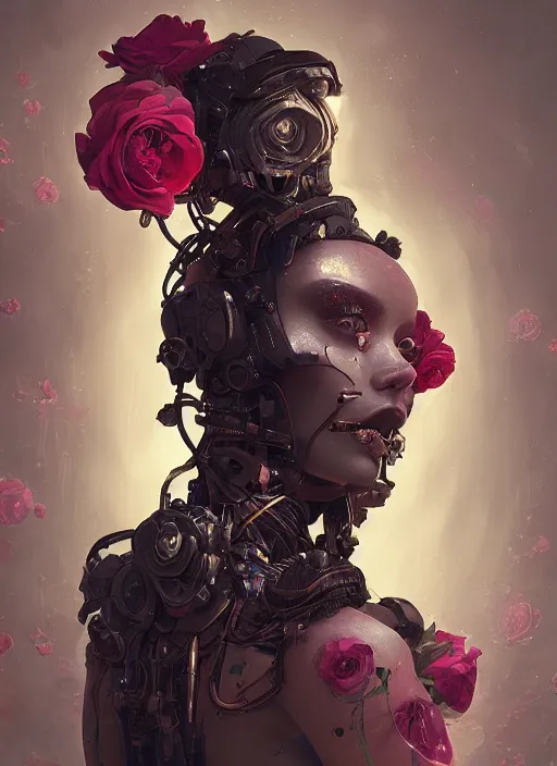Image similar to portrait of a seductive female with roses, cyberpunk cyborg. roses, muted colors, sci fi, intricate abstract upper body intricate artwork, by tooth wu, wlop, beeple, dan mumford. concept art, octane render, deviantart, greg rutkowski, cinematic arthouse, key art, hyper realism,