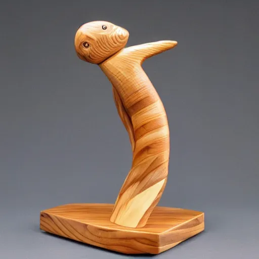 Image similar to wooden sculpture of a woman catching a salmon, polished maple, thoughtful, elegant, real