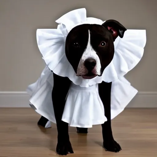 Image similar to a pit bull wearing a maid costume