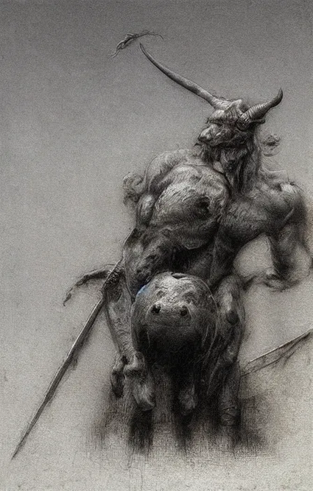 Image similar to minotaur in ancient armor, beksinski, ruan jia,