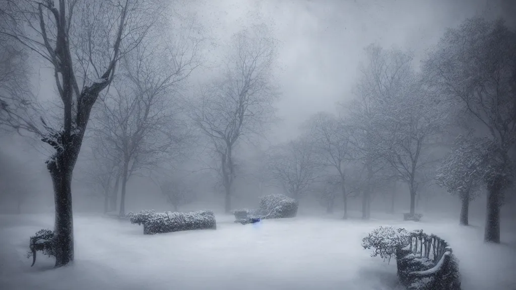 Image similar to the secret garden under heavy snow, surrounded by tall walls. andreas achenbach, artgerm, mikko lagerstedt, zack snyder, tokujin yoshioka