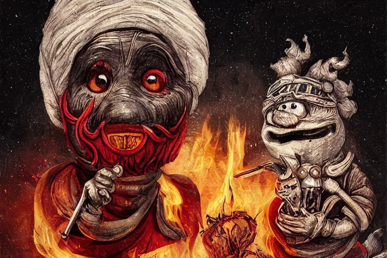 Prompt: a highly detailed pulcinella!! from naples, pizza!, volcano, black sky, smoke, fire lava, post - apocalyptic road warrior vibe, full body, wide angle, an ultrafine detailed painting by joe fenton, trending on deviantart, whimsical, lowbrow, perfect symmetrical face, sharp focus, octane, masterpiece
