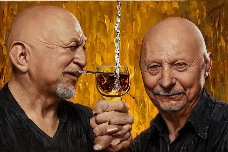 Image similar to portrait of tom atkins and donald pleasents drinking tequila shots, an oil painting by ross tran and thomas kincade