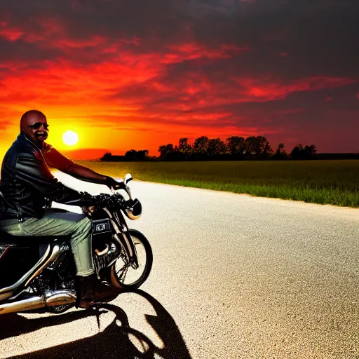 Prompt: steve harvey riding a motorcycle during a sunset, dslr photograph