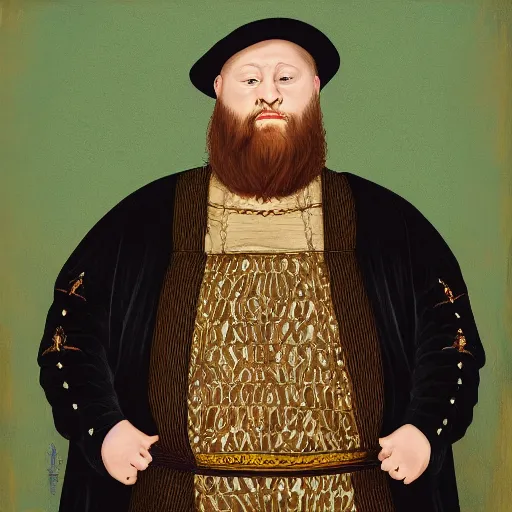 Image similar to action bronson stoned, portrait, action bronson as king henry viii, regal hat, king, stately, painting