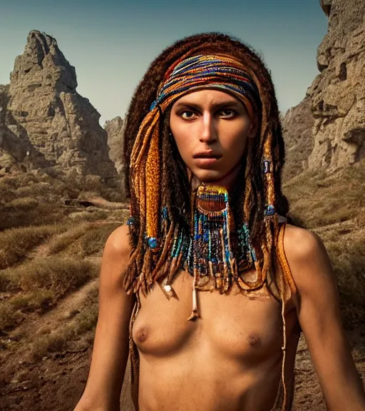 Image similar to portrait of a stunningly beautiful israeli tribal female, depth of field, zeiss lens, detailed, symmetrical, centered, fashion photoshoot, by Annie Leibovitz and Steve McCurry, David Lazar, Jimmy Nelsson, Breathtaking, 8k resolution, extremely detailed, beautiful, establishing shot, artistic, hyperrealistic, beautiful face, octane render