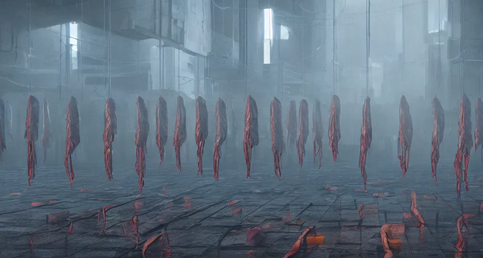 Image similar to illustration of rows of limp bodies hanging on display in a cold warehouse, refrigerated storage facility, rolling fog, cyberpunk, dystopian, dramatic lighting, unreal engine 5, colorful