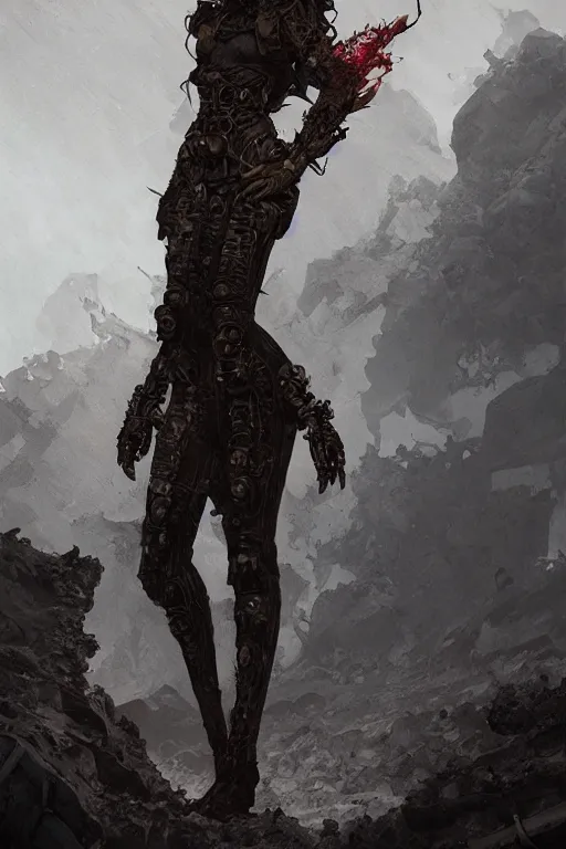 Image similar to a full body portrait of a beautiful post apocalyptic offworld nordic necromancer reposed by the magma pits, intricate, elegant, highly detailed, digital painting, artstation, concept art, smooth, sharp focus, illustration, art by krenz cushart and artem demura and alphonse mucha