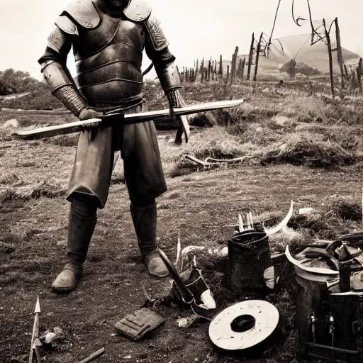 Image similar to wise angle photo of viking in armor working on the mechanical ancient device, tools and junk on the ground,wires and lights, old village in the distance, vintage old photo, black and white, sepia