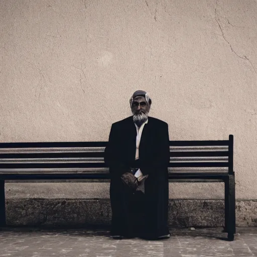 Image similar to a man sitting on a bench in front of a building, a character portrait by kamal ud - din behzad, featured on unsplash, neo - primitivism, matte photo, photo taken with ektachrome, studio portrait