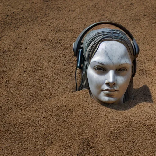 Image similar to the head of a marble cybernetic lady justice statue wearing a virtual reality headset on ground covered in sand, cyberpunk background, highly detailed, epic lighting, hyper photorealism, 8 k