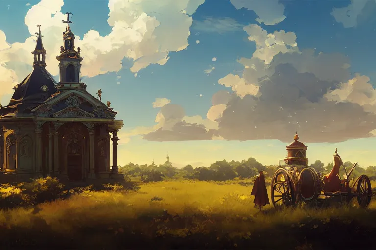 Prompt: a mobile driving ornate baroque church mounted on chaindrive, scene in an open field. key visual, conceptart, ambient lighting, highly detailed, digital painting, artstation, concept art, sharp focus, by makoto shinkai and akihiko yoshida and greg manchess