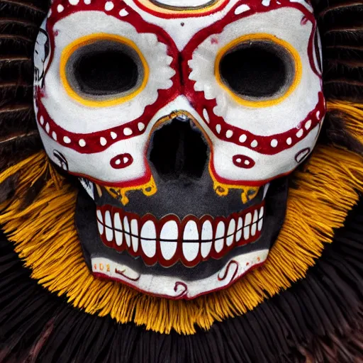 Image similar to new born baby, self - portrait, symmetry, intricate, dia de los muertos, skull mask, aztec ultra detailed feathered dress, 8 k resolution,