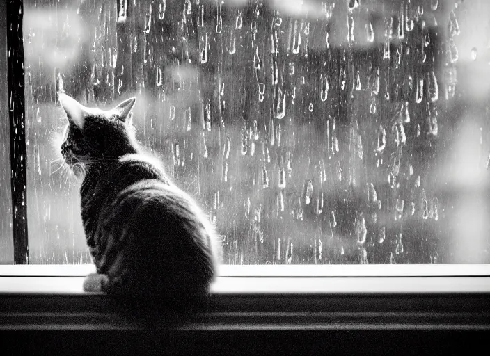 Prompt: photography of a Cat . watching outside the window while it rains. on a bed. in a room full of vinyls and posters, photorealistic, raining award winning photo, 100mm, sharp, high res