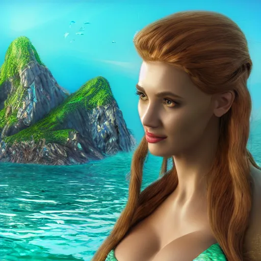 Image similar to mermaid on an island, highly detailed, photorealistic portrait, bright studio setting, studio lighting, crisp quality and light reflections, unreal engine 5 quality render