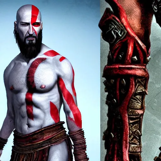 Image similar to Keanu Reeves as Kratos from god of war game