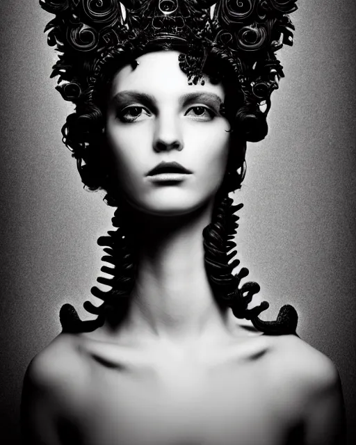 Image similar to dark background, a black and white high quality dreamy photo of a young beautiful female queen-dragon-vegetal-flower-cyborg bust with a very long neck and delicate Mandelbrot fractal face, elegant, highly detailed, flesh highly baroque ornate, hair are curled wired cables, elegant, poetic, soft, dreamy, mysterious, high fashion, rim light, in the style of Ellen von Unwerth, Realistic, Refined, Digital Art, Highly Detailed, Cinematic Lighting, rim light, black and white, photo-realistic, 8K