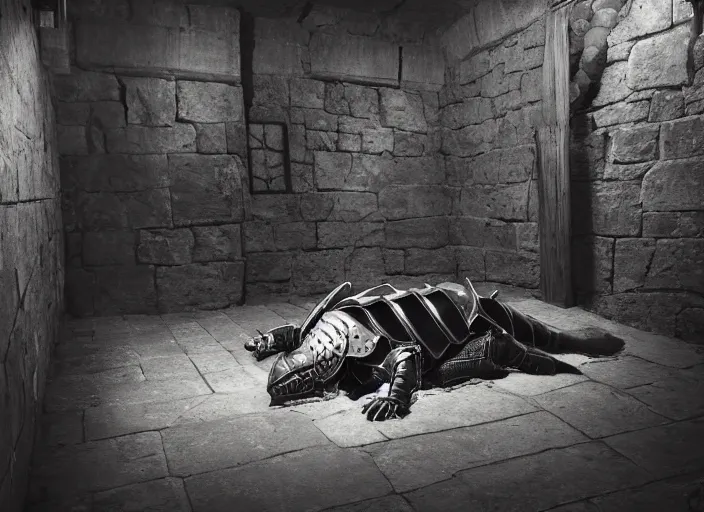 Image similar to a beautiful composition detailed photograph of a dead poisoned armored knight paladin lying in a wooden bed in a cell in a dungeon.