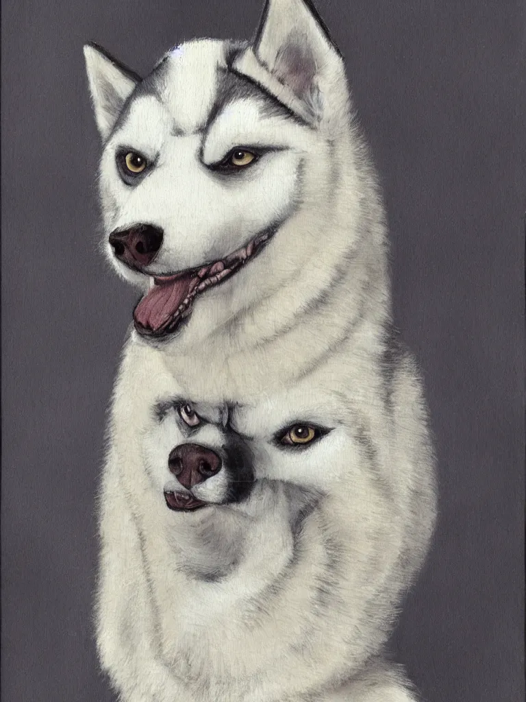 Image similar to a character design of a husky wearing a white vest, portrait painting, furry, humanoid, anthropomorphic, personify, anime